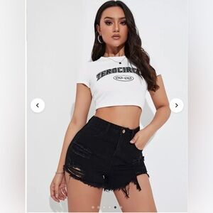 SHEIN EZwear High Waist Ripped Raw Trim Denim Shorts